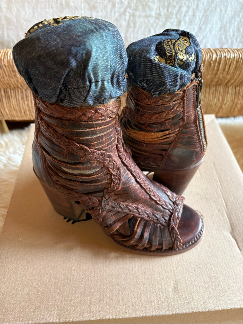 Freebird by Steven Bela Braided Cutout Leather Ankle Booties in Cognac. Size 6.